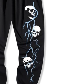 ROMWE MEN Men Skull Print Sweatpants, School - Black - View 6