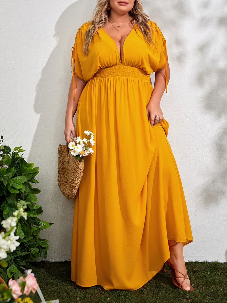 SHEIN VCAY Plus Plunge Neck Drawstring Batwing Sleeve Dress - Mustard Yellow - View 1