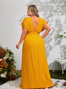SHEIN VCAY Plus Plunge Neck Drawstring Batwing Sleeve Dress - Mustard Yellow - View 2