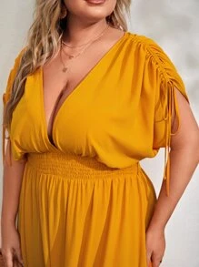SHEIN VCAY Plus Plunge Neck Drawstring Batwing Sleeve Dress - Mustard Yellow - View 3