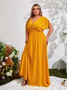 SHEIN VCAY Plus Plunge Neck Drawstring Batwing Sleeve Dress - Mustard Yellow - View 4