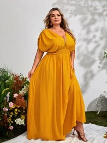 SHEIN VCAY Plus Plunge Neck Drawstring Batwing Sleeve Dress - Mustard Yellow - View 5