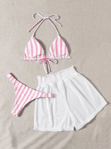 Summer Beach Striped Triangle Bikini Set & Mesh Shorts - Multicolor - View 2