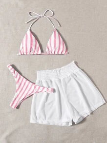 Summer Beach Striped Triangle Bikini Set & Mesh Shorts - Multicolor - View 5