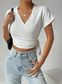 SHEIN EZwear 素色側繫帶圍裹女士襯衫 - 白色 - 查看 4