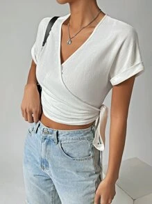 SHEIN EZwear 素色側繫帶圍裹女士襯衫 - 白色 - 查看 1
