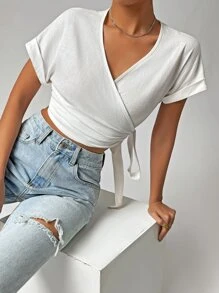 SHEIN EZwear 素色側繫帶圍裹女士襯衫 - 白色 - 查看 5