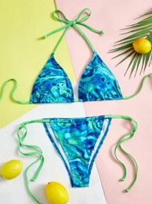 Marble Print Halter Triangle Tie Side Summer Beach Bikini Set - Multicolor - View 1