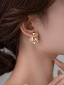 Aretes Con Decoración De Perlas Sintéticas - Amarillo Oro - Ver 3