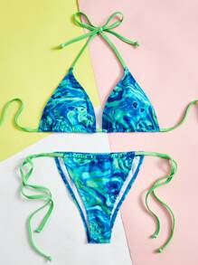 Marble Print Halter Triangle Tie Side Summer Beach Bikini Set - Multicolor - View 6