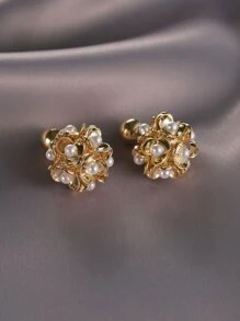 Aretes Con Decoración De Perlas Sintéticas - Amarillo Oro - Ver 6