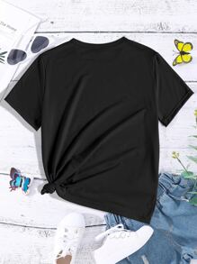 SHEIN 女大童蝴蝶樣式圖案短袖T恤適合春天和夏天 - 黑色 - 查看 2