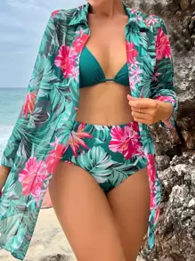 Swim Lushoire Conjunto de bikini con estampado tropical Sujetador triangular y parte inferior de talle alto y traje de baño de 3 piezas para cubrir - Multicolor - Ver 1