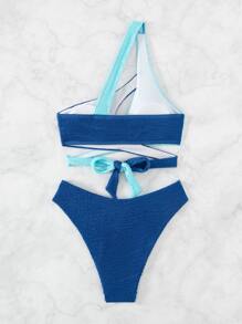 Bộ bikini đi biển mùa hè một vai Colorblock - Màu xanh lam - Xem 3