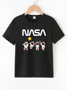 SHEIN Cậu bé Tween 1 Miếng Đúng mốt Hoa văn phi hành gia Vòng cổ Ngắn tay Áo thun - màu đen - Xem 4