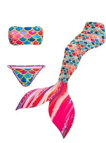 3packs Fish Scales Print Summer Beach Bikini Set & Cover Up - Multicolor - View 7