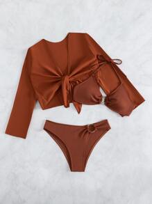 O-Ring Detail Halter Summer Beach Bikini Set With Kimono - Rust Brown - View 4