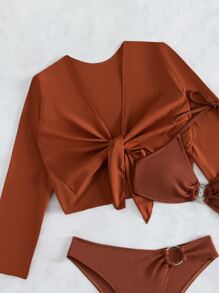 O-Ring Detail Halter Summer Beach Bikini Set With Kimono - Rust Brown - View 6
