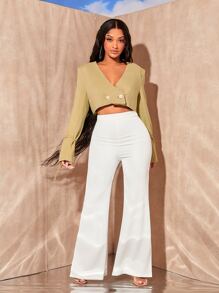 SHEIN SXY Solid Flounce Sleeve Crop Jacket - Khaki - View 3