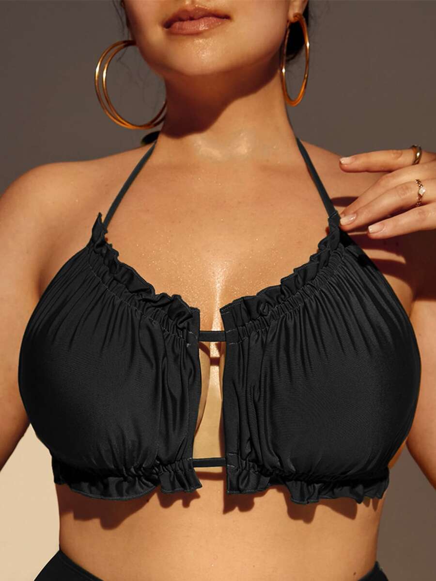 Swim Lushoire Summer Beach Plus Frilled Cut Out Tie Back Halter Bikini Top - Black - View 1