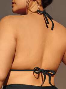 Swim Lushoire Summer Beach Plus Frilled Cut Out Tie Back Halter Bikini Top - Black - View 2