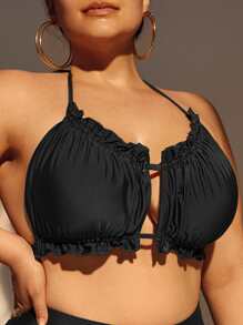Swim Lushoire Summer Beach Plus Frilled Cut Out Tie Back Halter Bikini Top - Black - View 3
