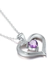 1入組二月誕生石心形墜飾項鍊適合女士S925純銀母親節情人節精細首飾類生日禮物適合女孩