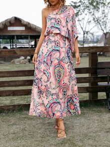 SHEIN VCAY 佩斯利印花單肩連衣裙 - 粉色 - 查看 3