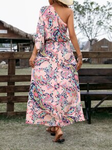 SHEIN VCAY 佩斯利印花單肩連衣裙 - 粉色 - 查看 4