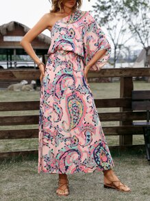 SHEIN VCAY 佩斯利印花單肩連衣裙 - 粉色 - 查看 2