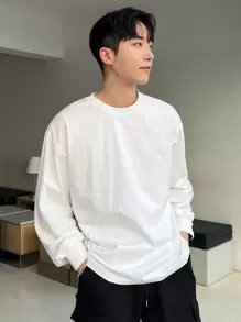 DAZY Men Cotton White Long Sleeve Drop Shoulder Tee Shirt,Fall Clothes - White - View 5