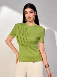 Seusyu Solid Ruched Detail Tee - Green - View 3