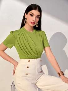 Seusyu Solid Ruched Detail Tee - Green - View 4