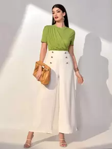 Seusyu Solid Ruched Detail Tee - Green - View 5