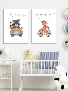 4pcs Cartoon Animal Car Transportation Theme Decorative Canvas Painting, No Frame - Multicolor - View 8