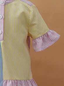 SHEIN 嬰兒條紋印花撞色荷葉袖娃娃裙 - 淺藍色 - 查看 4