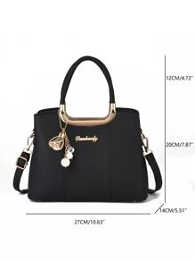 Bolso de tote con cremallera simple y de moda, con gran capacidad, estilo de negocios con colgante de flor en la cremallera. 1 pieza de bolso de mujer de piel de PU de unicolor, adecuado para damas, mujeres trabajadoras y de cuello blanco, perfecto para el trabajo, los negocios y los desplazamientos. - Negro - Ver 9