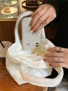 Japanese Style Plush Handbag, Large Capacity Student Lunch Bag With Heart Design - White - View 5