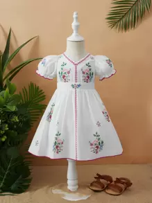 SHEIN 小女童印花泡泡袖洋裝 - 白色 - 查看 4