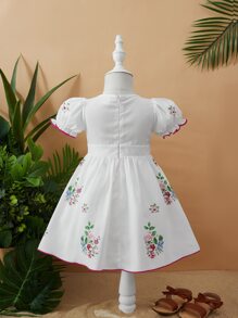 SHEIN 小女童印花泡泡袖洋裝 - 白色 - 查看 2