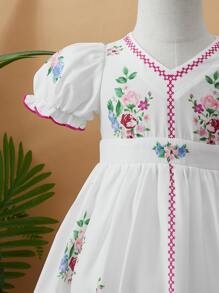 SHEIN 小女童印花泡泡袖洋裝 - 白色 - 查看 3