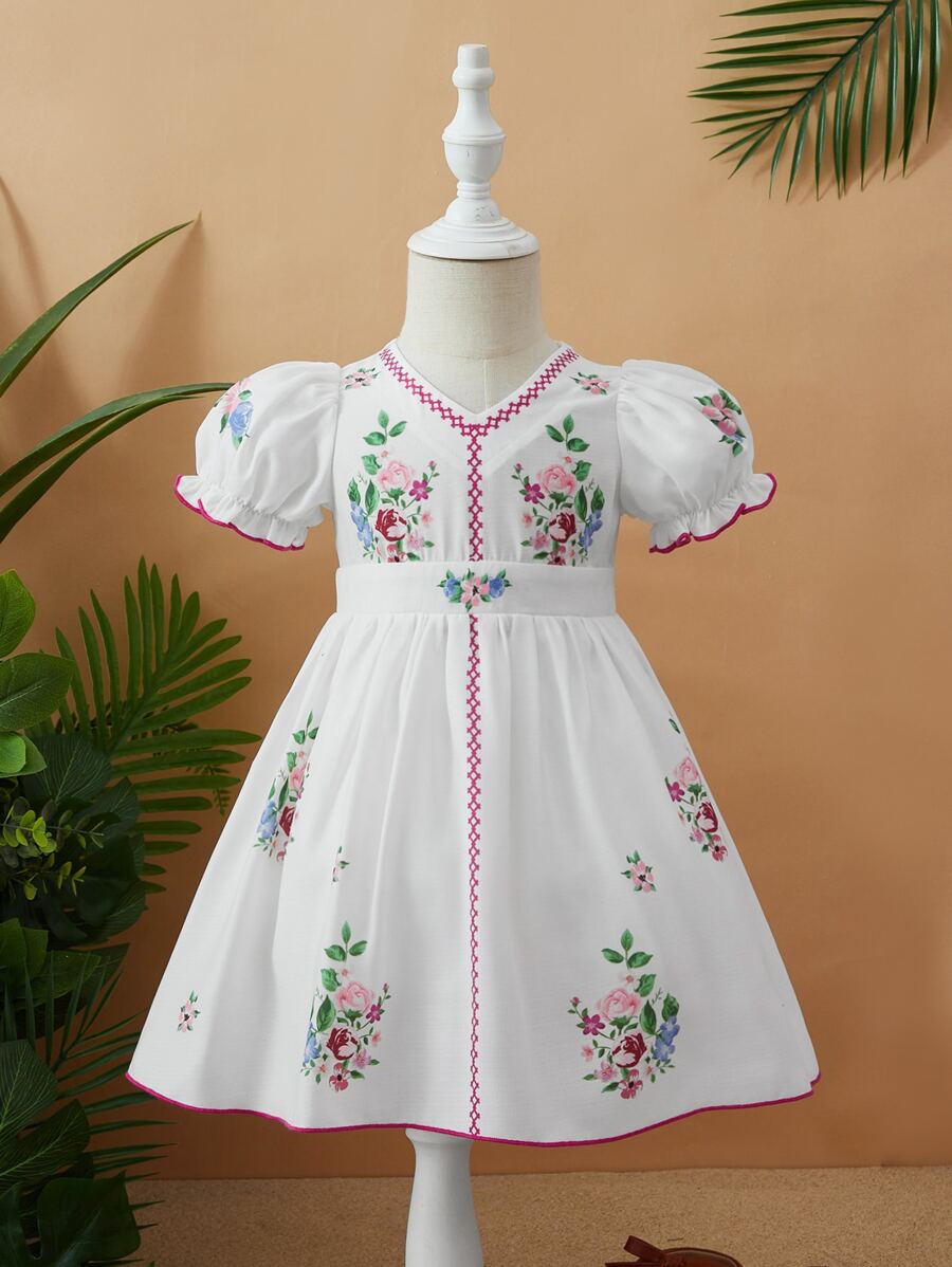 SHEIN 小女童印花泡泡袖洋裝 - 白色 - 查看 1