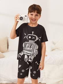 SHEIN Boys Robot Print Tee & Shorts PJ Set - Black - View 1