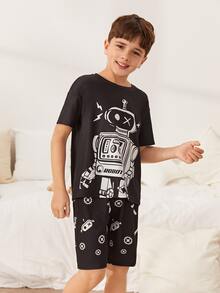 SHEIN Boys Robot Print Tee & Shorts PJ Set - Black - View 4