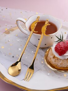 2 piezas Set de vajilla con diseño de luna y estrella de acero inoxidable - Dorado - Ver 1