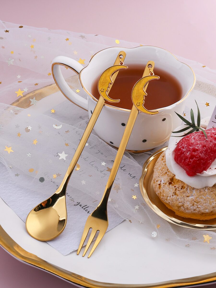 2 piezas Set de vajilla con diseño de luna y estrella de acero inoxidable - Dorado - Ver 1