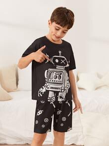 SHEIN Boys Robot Print Tee & Shorts PJ Set - Black - View 5
