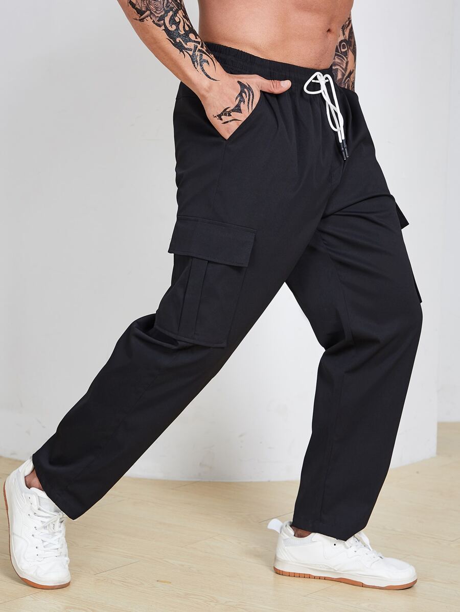 Manfinity Men Flap Pocket Side Drawstring Waist Cargo Trousers - Black - View 1