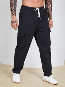 Manfinity Men Flap Pocket Side Drawstring Waist Cargo Trousers - Black - View 4