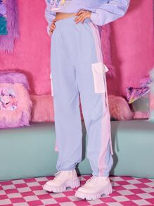 ROMWE Kawaii Tape Flap Pocket Cargo Pants - Baby Blue - View 2